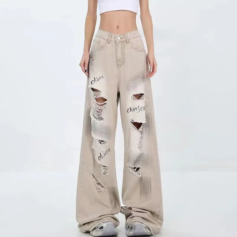 Men's Baggy Jeans Y2k Graffiti Ripped Denim Pants Vintage Straight Wide Leg Streetwear Summer Loose Fit Wash Long Trousers