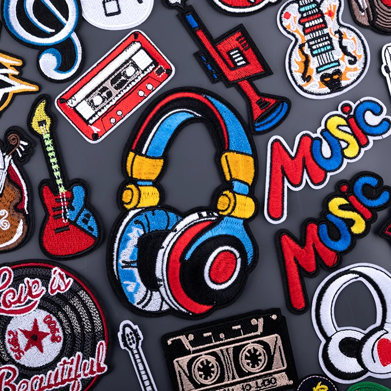 Embroidered Music Rock Patches for Clothing Punk Guitar Headset Instrument Applique Jeans Sewing Iron On Patches Stickers Emblem