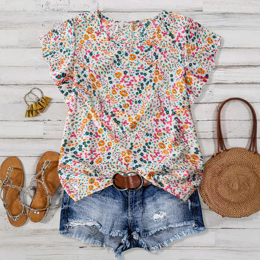 

Summer New Fashion Short Sleeve Plant Print 3D T-Shirt Women's Medium Length Sweet Style Polyester Material Low Waist Design