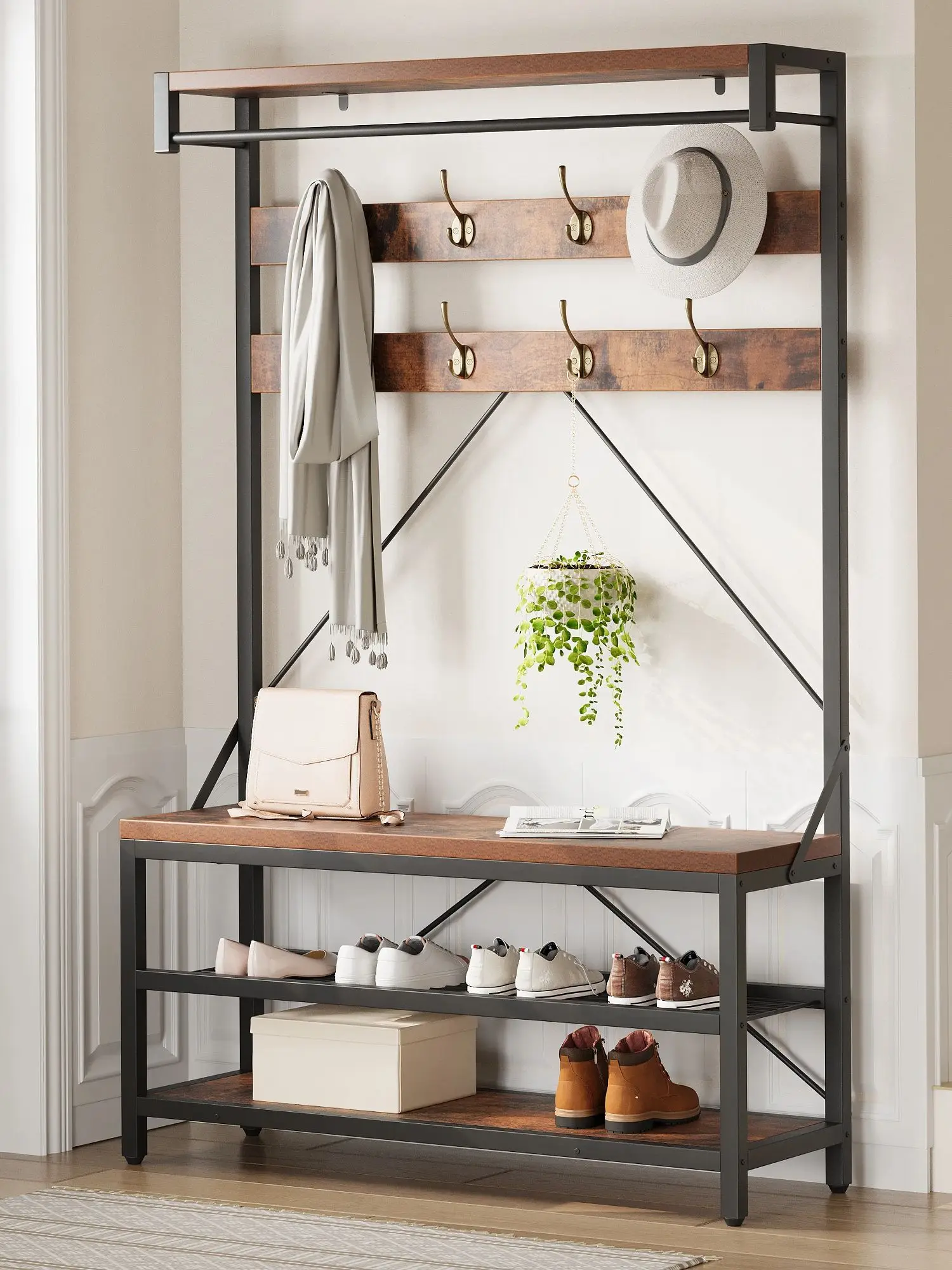 HAUSPROFI Garderobenrek met schoenenbank, 8 haken & opbergplanken, houtlook entree-organizer, stevig metalen frame, industrieel - afbeelding 2