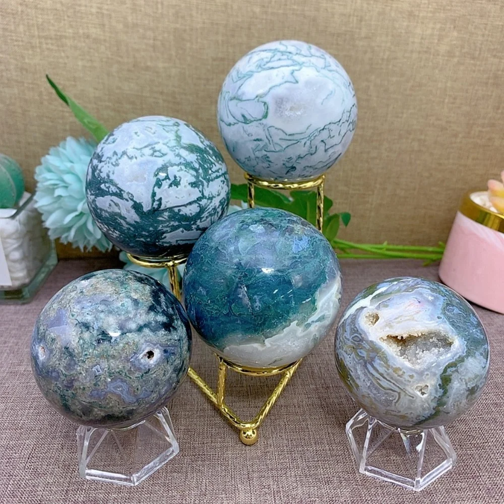 

Quartz Stone Natural Crystal Moss Agate Sphere Geode Healing Meditation Feng Shui Reiki Home Decoration Energy Gift+Stand