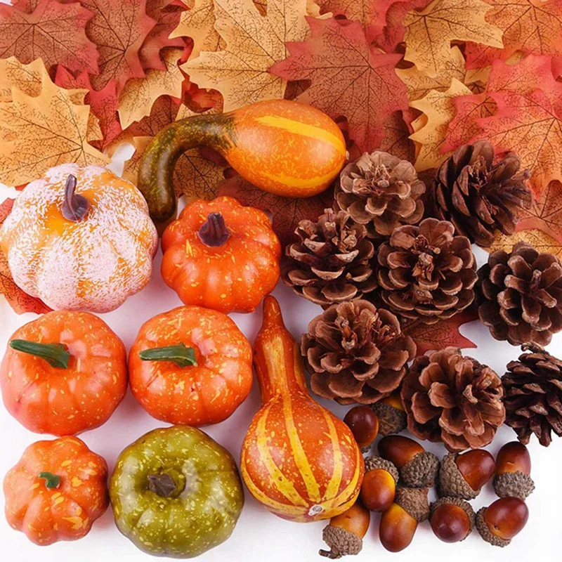 50Pcs Artificial Pumpkin Maple Leaves Pine Cones Acorns Halloween Decorations for Home Mini Fake Pumpkin Thanksgiving Ornaments