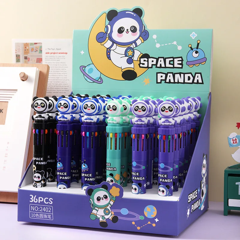 Space 10-Color Ballpoint Pen 36pcs Cartoon Panda 10-In-One Multi-Color Hand-Held Pen Marks Students Writing Stationery Office