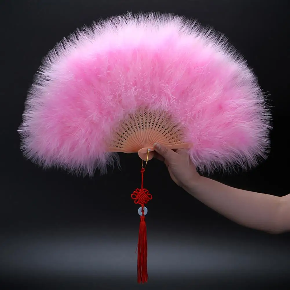 Handmade Beautiful Furry Hand Folding Fan with Chinese Knot Handheld Fan Fluffy Retro Stage Performance Decoration Dance Fan