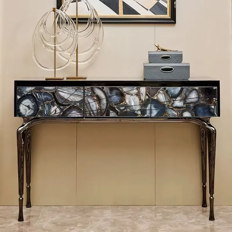 Contemporary High-End Modern Entrance Hallway Table Copper Console Table for Living Room Hotel Made Natural Agate