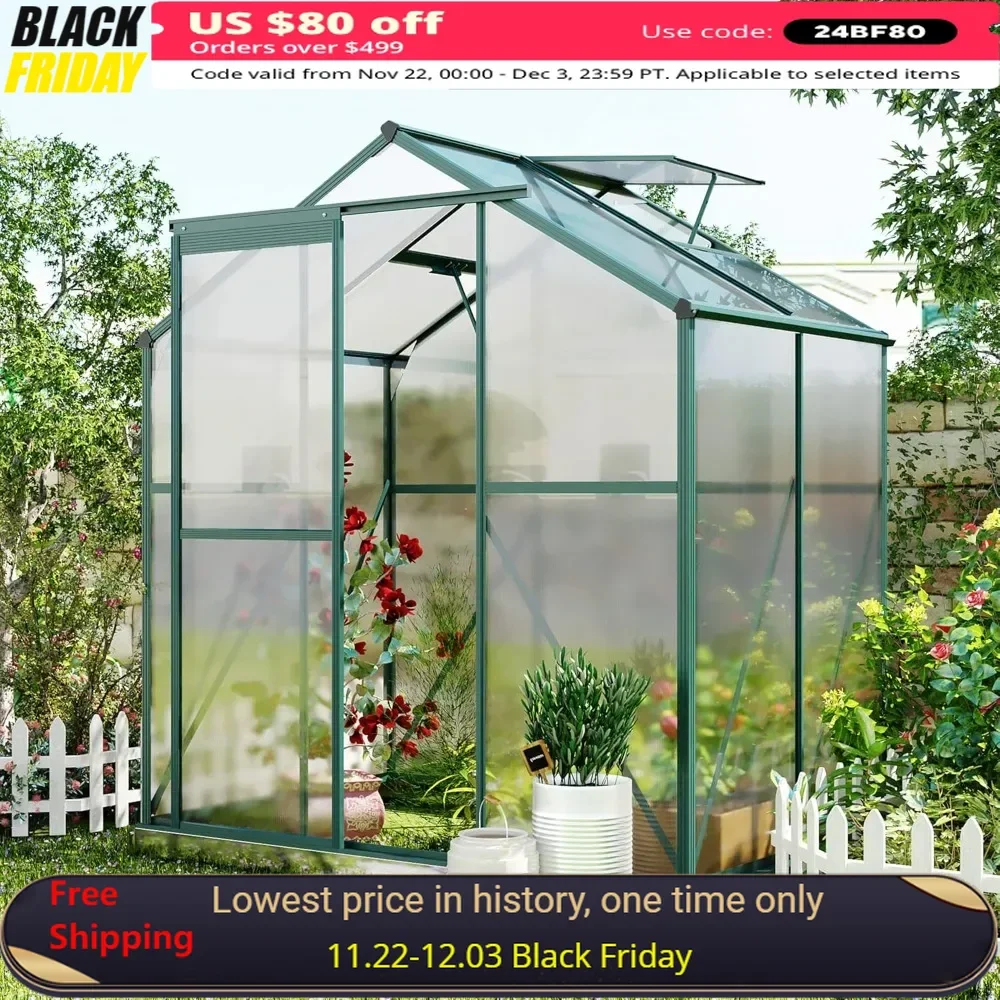 

6.2ft x4.3ft Outdoor Greenhouse，Upgraded Walk-in Polycarbonate Greenhouse with 2 Windows/Base/Sliding Door，Aluminum Greenhouse