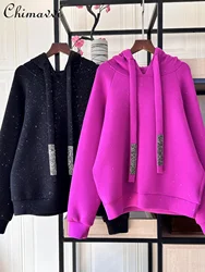 Sudadera de algodón con capucha para mujer, jersey de manga larga con estampado de Streamer de diamantes de imitación, ropa de calle informal, moda de lujo, otoño