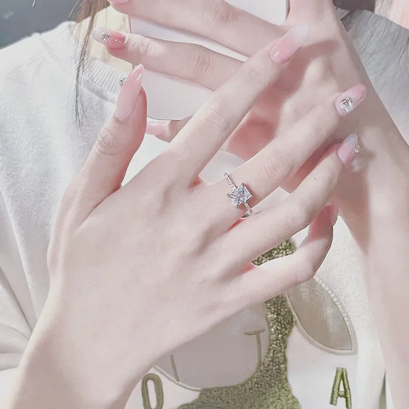 MDL Moissa!ite Style INS بسيط ملون قوس قزح سبليت اللون مستطيل مفتوح اليد حلقة سحرية #4