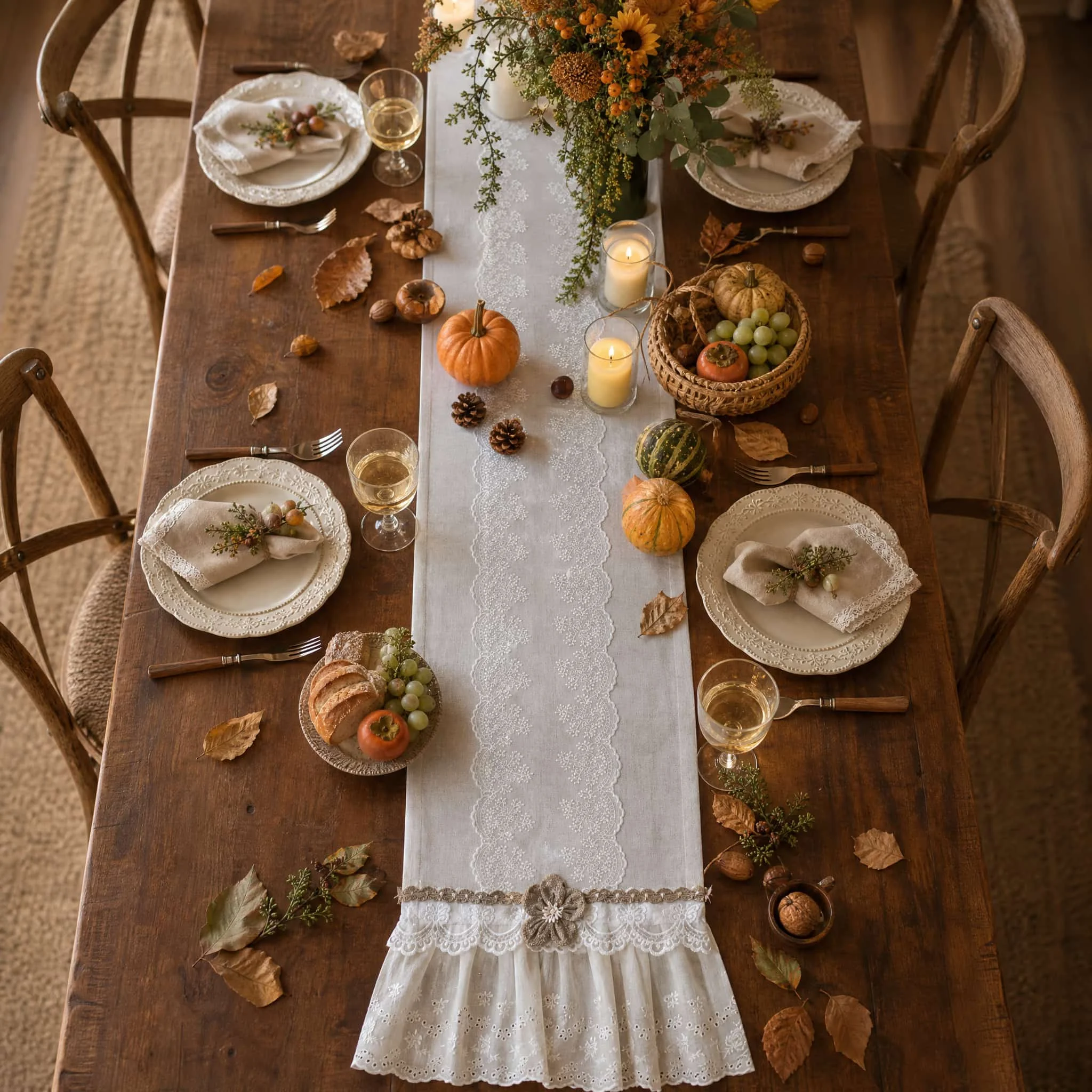 Vintage French Linen Table Runner Lace Hollow Embroidered Ruffled Frilly Hem Table Runner for Wedding Thanksgiving New Year Vale