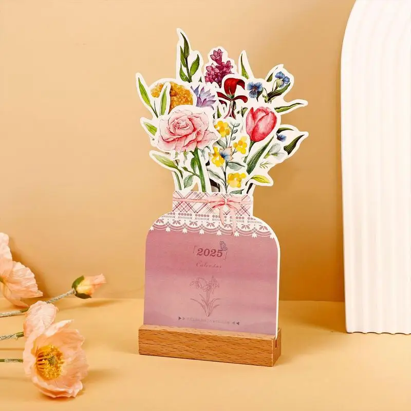 Bloomy Flowers Desk Calendar 2025 Removable Vase Shaped Monthly Calendar 2025 Cute Desktop Calendar With Wooden Base Daily Note