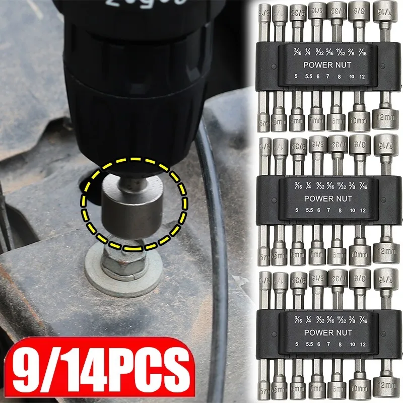 

9/14PCS Hex Socket Sleeve Nozzles Nut Driver Bit Set Shank Power Drill Adapter For Screwdriver Impact Wrench Auto Repair Tool