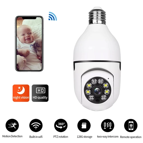 Imagen 2 del producto Cámara de vigilancia con bombilla E27, visión nocturna a todo Color, seguimiento humano automático, Zoom, Monitor de seguridad interior, Wifi, cámara IP Miini