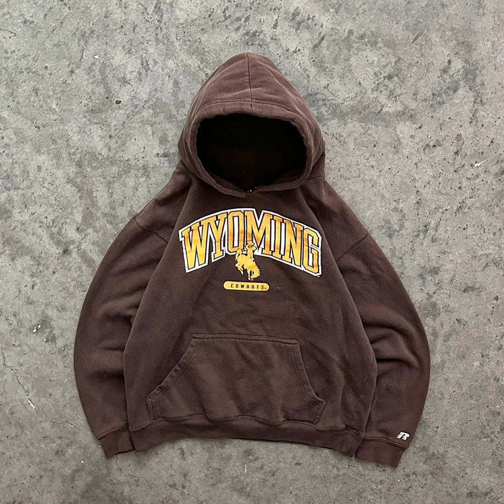 レトロアメリカンスタイルのパーカー-カップルお揃い服-自閉症者向け宝庫-oldschool-ウェイオミング大学-英語プリントスウェットシャツ