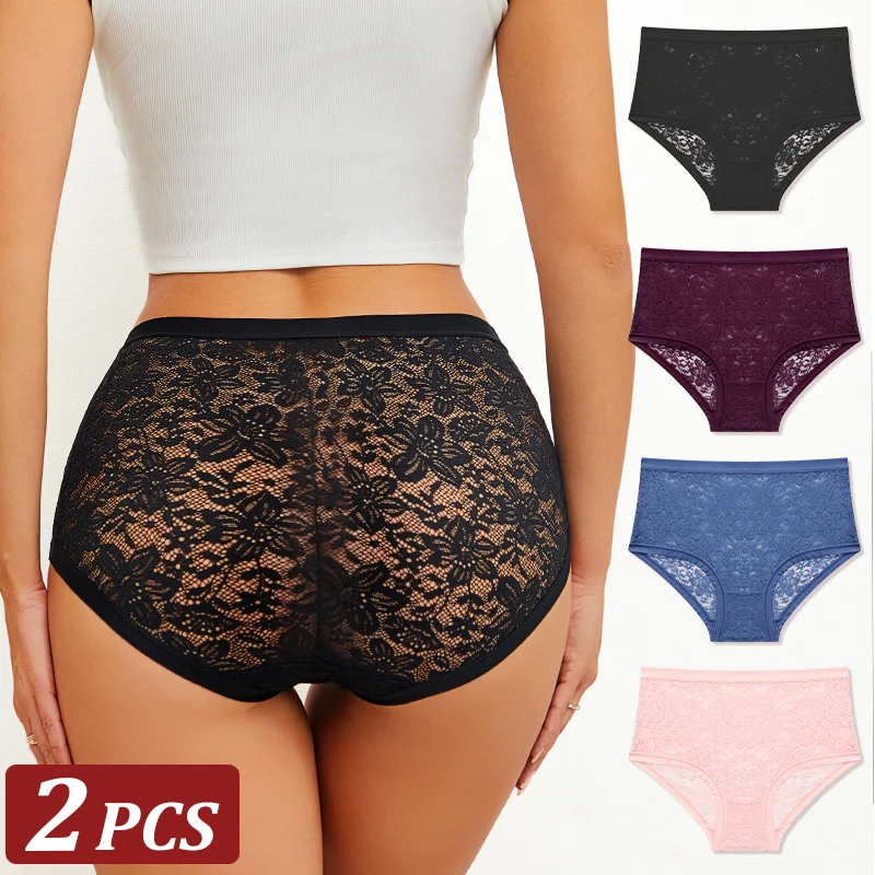 2Pcs/Set Women Lace Sexy Panties Hollow Out Floral Ladies Briefs Low Waist Solid Comfortable Hot Sale Female Underpants S-XXL