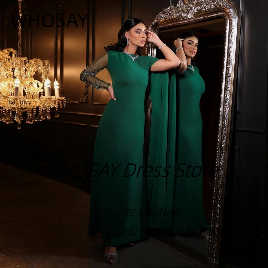 

WHOSAY Ankle Length Satin Prom Dresses Customized Beading Tulle Long Sleeve Evening Gowns Saudi Women Special Occasion Dress
