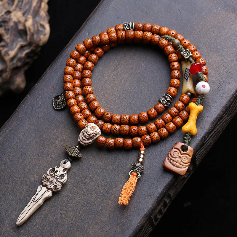 Jade-Like Crackle-Patterned Old Material Xingyue Bodhi Seed , 108-Piece Buddhist Prayer Beads With Vintage Bone Thre