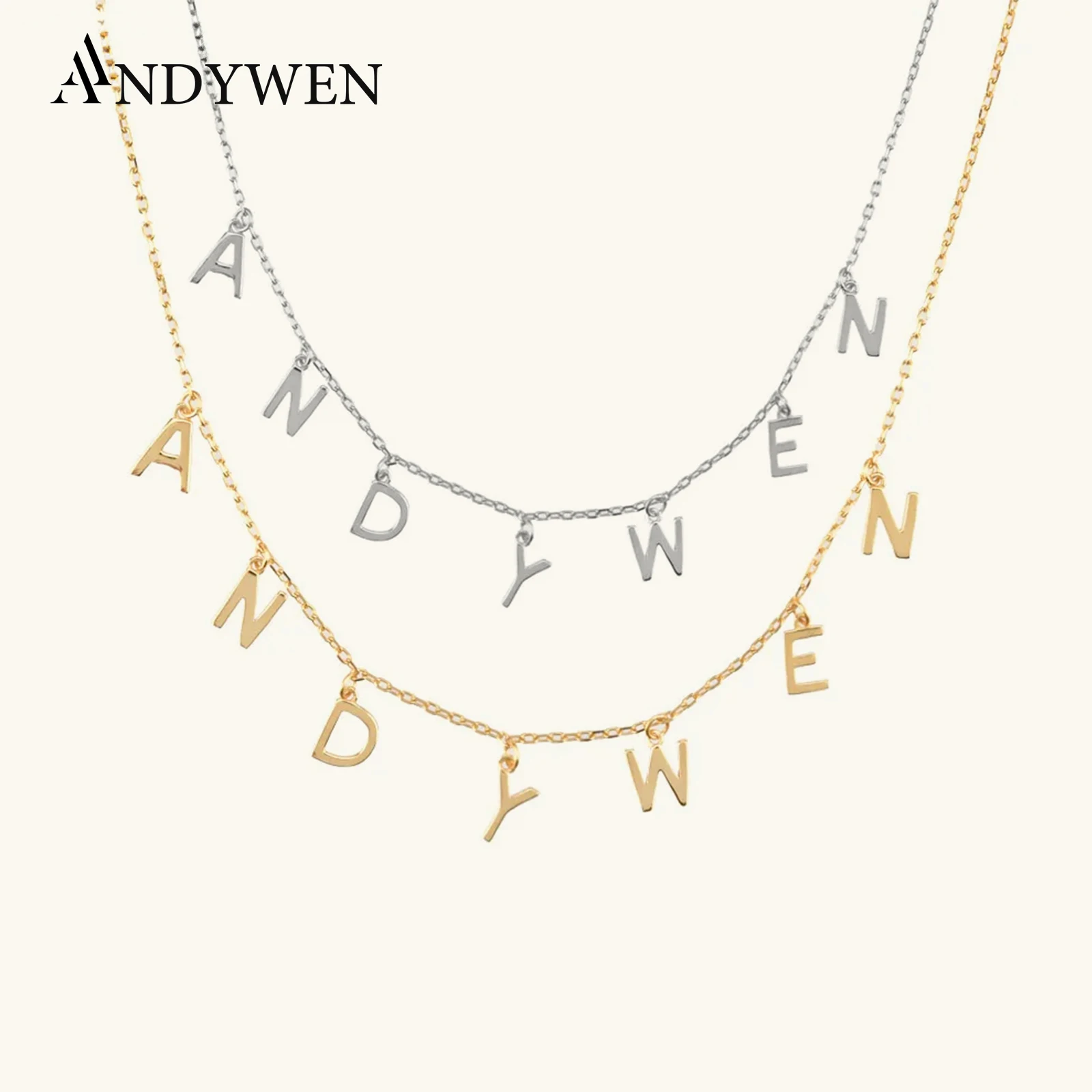 

ANDYWEN 925 Sterling Silver Gold Plain Letter Initial Alphabet Personalize Name Pendant Long Chain Necklace Charm 201 Wedding
