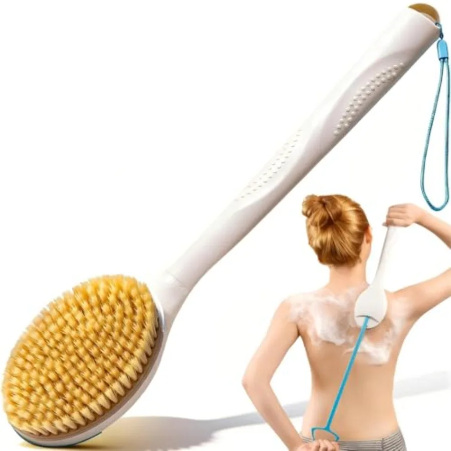 

® Back Scrubber for Shower with Extendable Long Handle 17.5-31.9" 1.3X Larger Natural Stiff Bristles Anti-Slip Shower Brush for