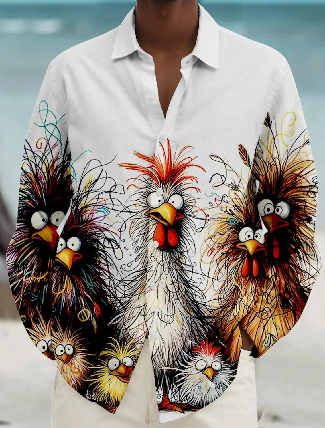 Divertente 3D Gallo Stampa Camicia a maniche lunghe da uomo Hip Hop Trend Street y2k Abbigliamento Moda Risvolto Camicie larghe Cardigan casual Top