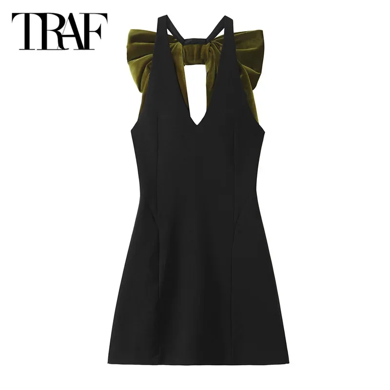 TRAF 2024 Women Slip Short Dresses Ladies Black Butterfly Mini Dress Summer Autumn Elegant Party Dresses Bow Backless Dresses