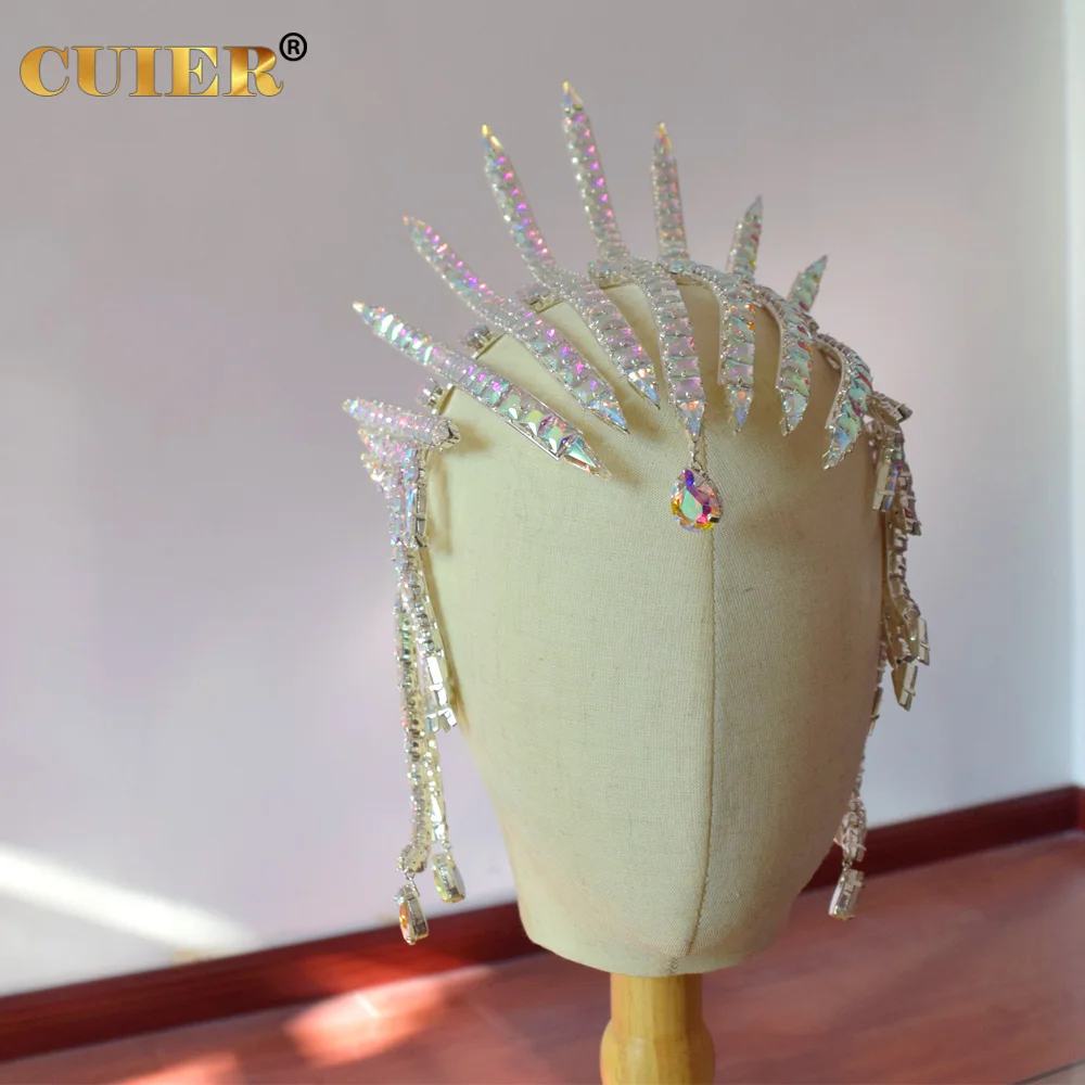 CUIER Huge Size Beauty pageant Crystal Headpiece for Women Stage TV Show Glass Square Gemstones Hair Accessories for Drag Queen