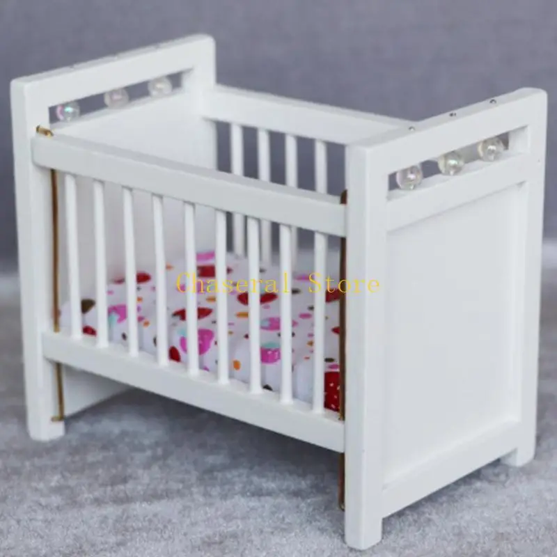 E7CE Realistic Crib Realistic Pretend Play for Kids Role Toddler Bed Model Toy Single Vintage Crib 1:12 Dollhouses view 5