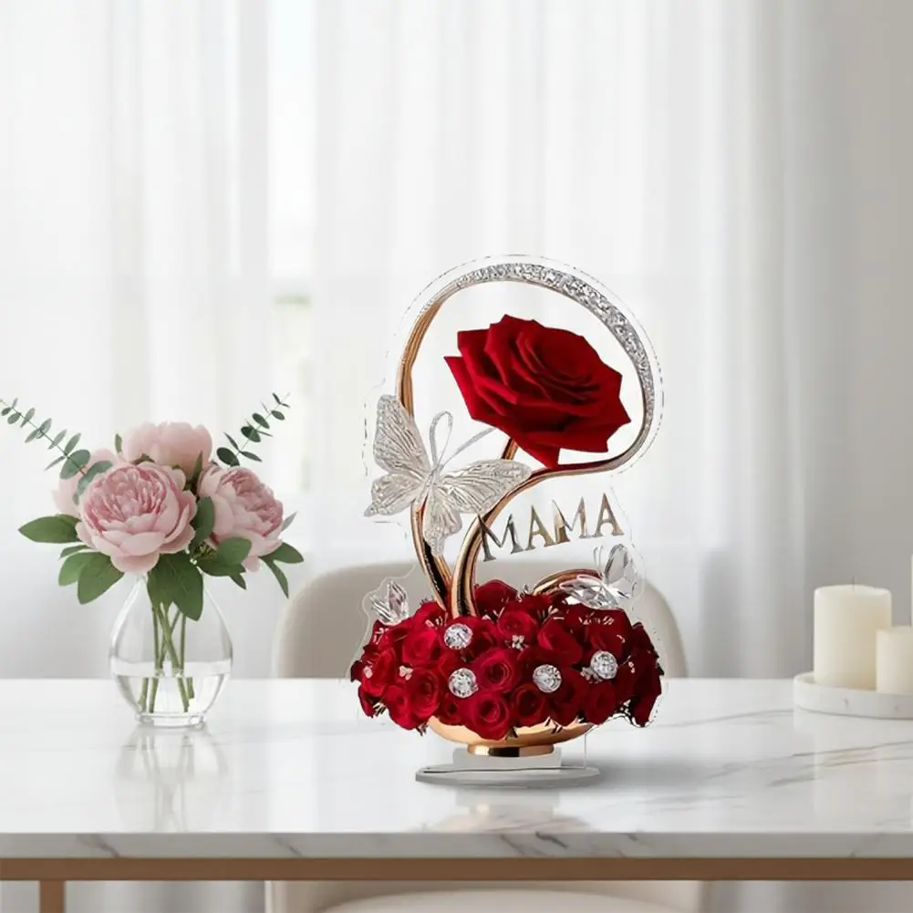 زخرفة أكريليك أنيقة باللون الأحمر الوردي ثنائية الأبعاد مع تفاصيل الفراشة هدية عيد الأم لطاولة غرفة المعيشة المنزلية زخرفة مزخرفة