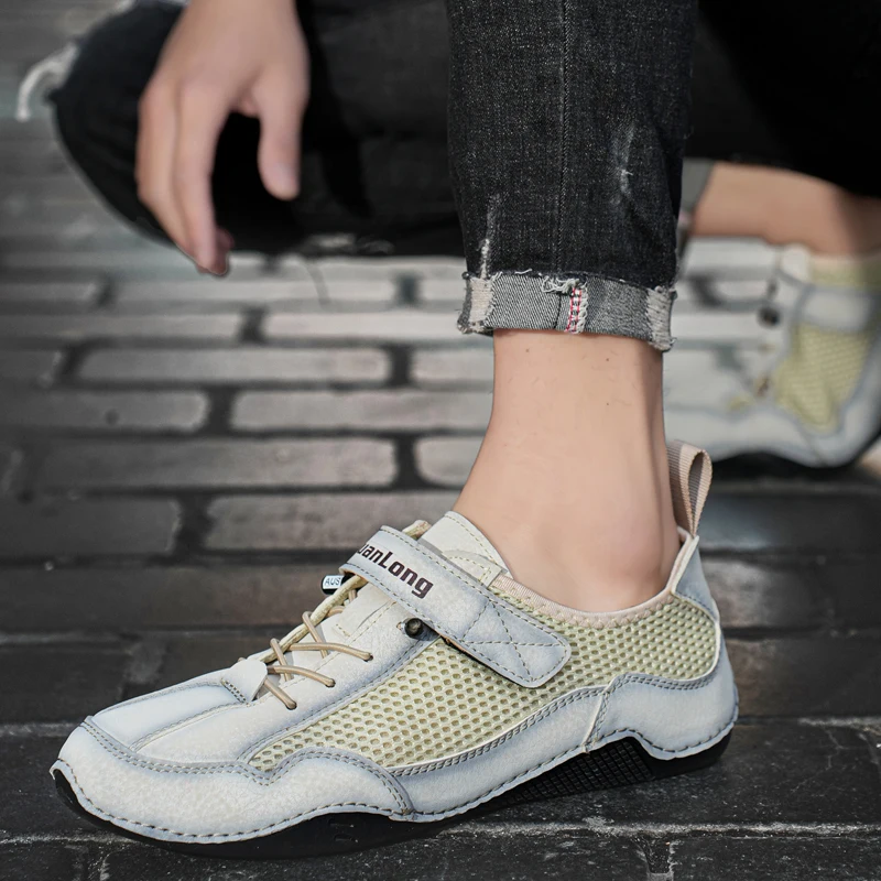 

Men's Light Brown Casual Shoes Suede and Mesh Upper Breathable Walking Shoe with Hook Loop Closure Non Slip Sole Business Shoes