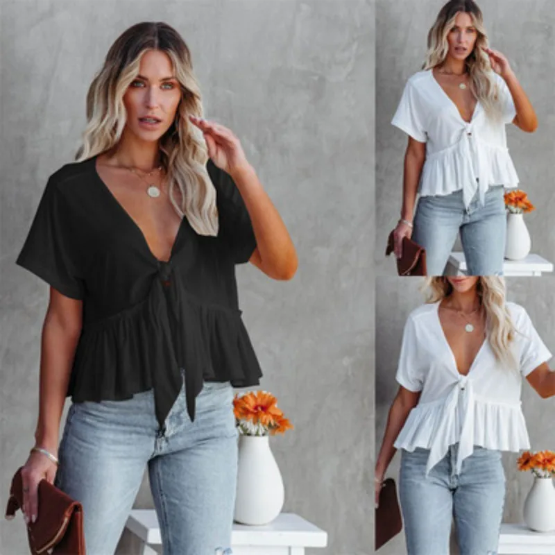 Summer new women's solid color chiffon loose short sleeve strap ruffled top