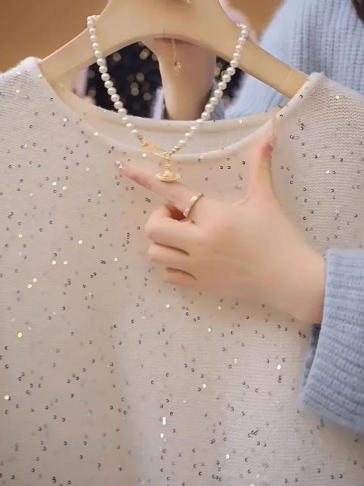 패셔너블한 캐주얼 롱 스웨터 라운드 넥 니트 스웨터 반짝이는 레이지 스타일 봄 가을 착용 편안한 스트레이트 핏 K...