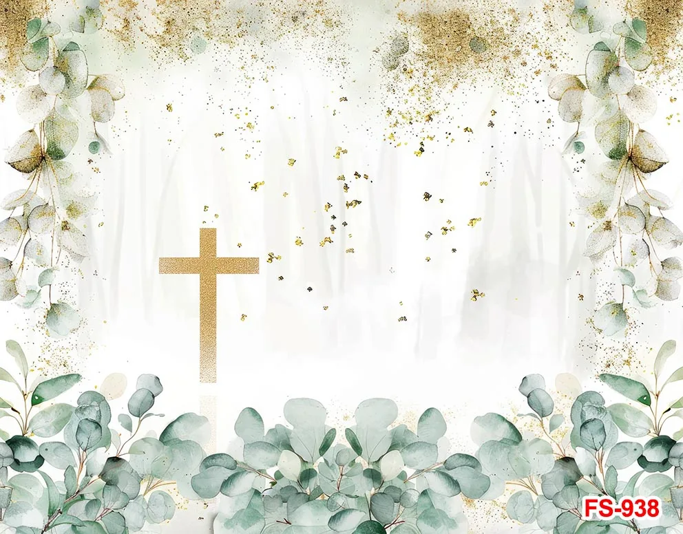 Caixas de Fotografia Golden Cross, Minha Primeira Comunhão, God Bless, Batizado Recém-nascido, Folhas Verdes, Crianças Batismo Backgrounds