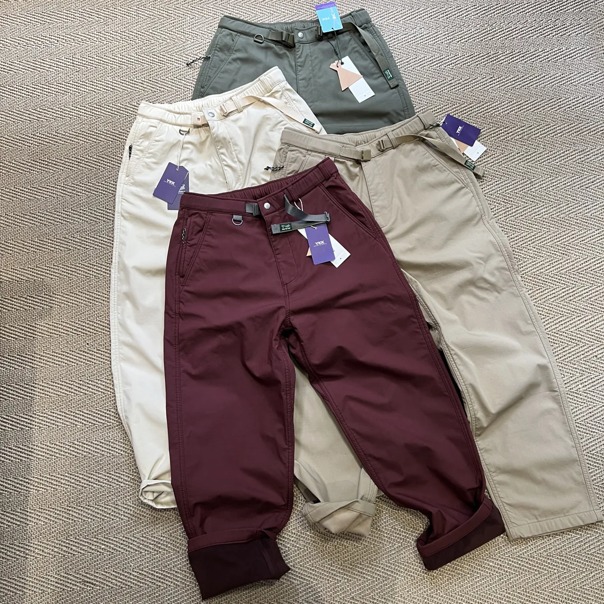 Amekaji Comfortable to Wear Stretch Fleece Super Thick Micro Cone Solid Color Zipper Pocket Casual Pants Overalls Winter