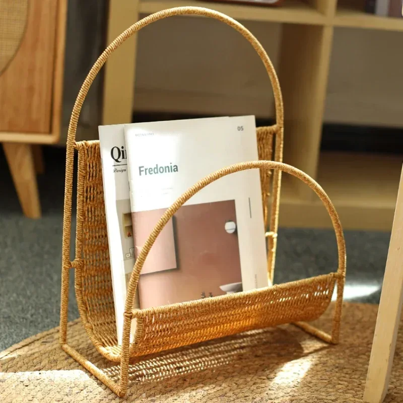 Japanese Retro Magazine Rack Imitation Rattan Design, Convenient Handle, Perfect Living Room Storage, Stylish Holder