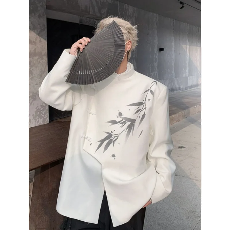 

Chinese Style Ink Bamboo Print Tang Suit for Men Summer Stand Collar Irregular Frog Closures Long Sleeves Suit Loose Casual Coat