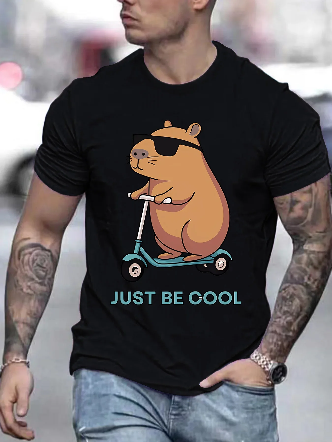 Lustiges Herren-T-Shirt mit Capybara-Aufdruck, Cartoon-Grafik, Sommerliches Freizeit-Kurzarmshirt, Trendiges Streetwear-T-Shirt