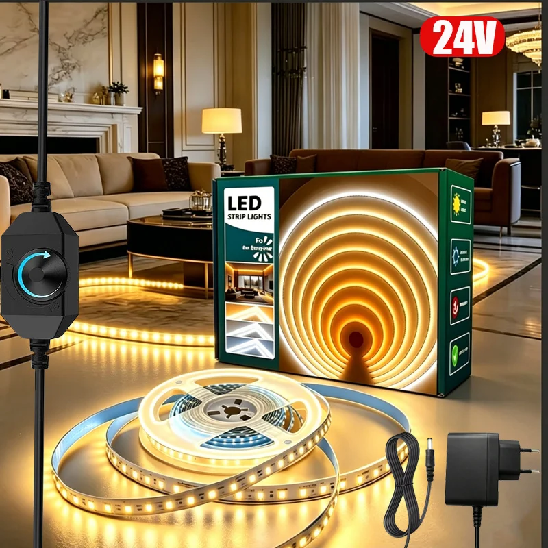 24V LED Light Strip, Flexible LED Strip Lights with Knob Dimmable Switch Double-sided Tape Warm White LED Strip