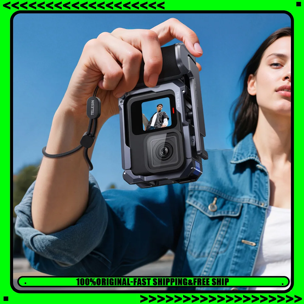

Спортивная камера TELESIN, ручка, металлическая клетка, защита от зарядки, адаптер для холодного башмака, чехол из алюминиевого сплава для Gopro 13, 12, 11, 10, 9