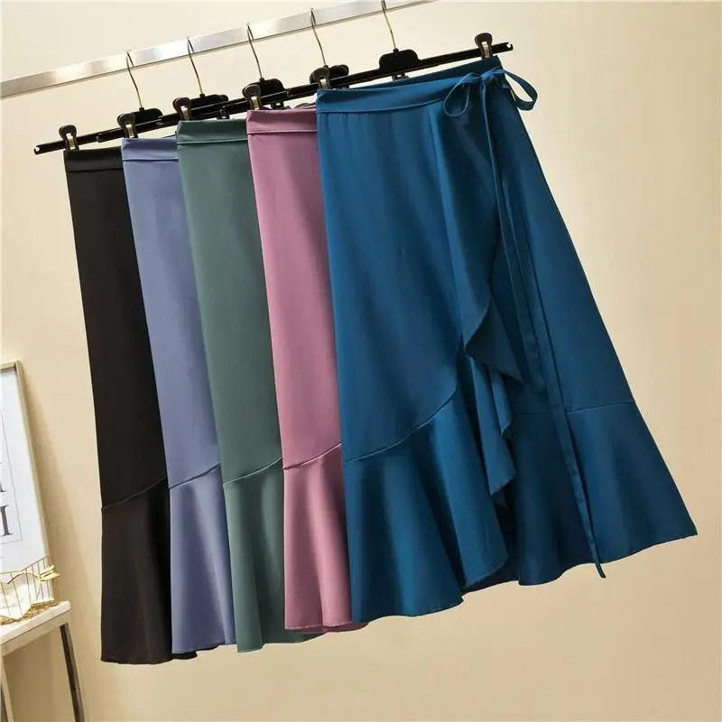 Elegant Fashion Ruffles Bandage Mermaid Skirt 2023 Summer New Office Lady Commute All-match High Waist Asymmetrical Midi Skirts