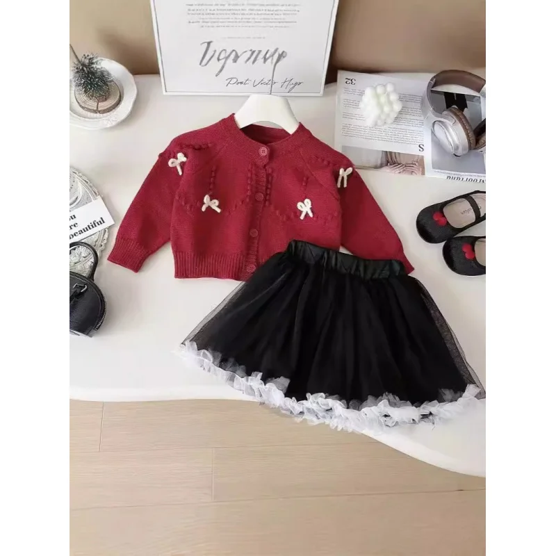 

Girls' Outfit Spring and Autumn New Stylish Children's Knitted Cardigan Cartoon Vest Polka Dot Wide Leg Pants Set
