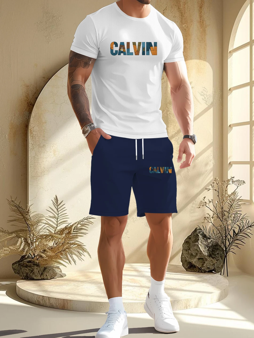 

2025 Mens Summer Casual Suit Textured Printed Mixed Color Short Sleeve Outdoor Street Fashion Shorts 2 Piece Pocket Loose Set