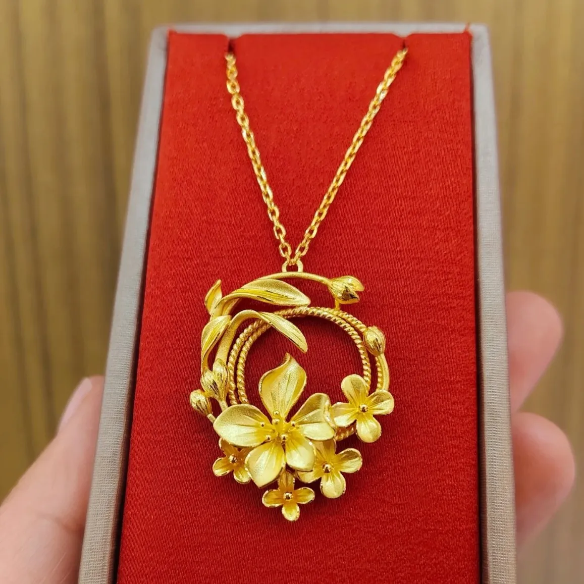 

Luxury 24K 9999 Pure Gold real gold Women's Flower Necklace Flower Pendant Set Chain