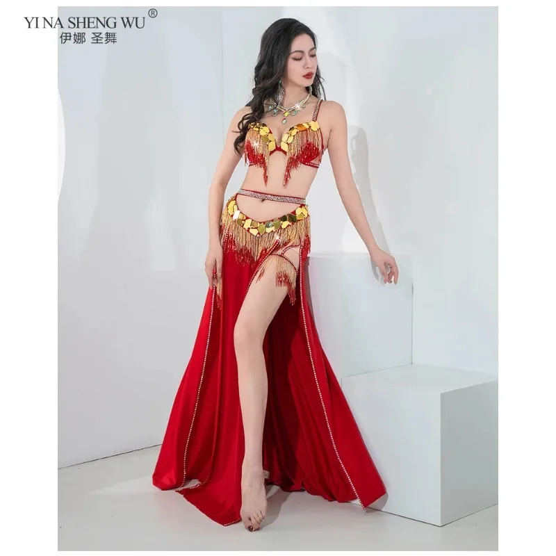 Girls Oriental Egyptian BellyDance Stage Performance Group Competition Outfit Shiny Square Sequins Bra Skirt Thigh Bands Costume