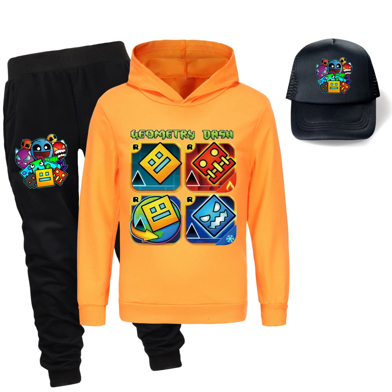 

Geometry Dash Boys Girls Tracksuit Kids Long Sleeve Hoody+ Pants Set Spring Autumn Children Clothing Infant Sets Sport Suits+cap
