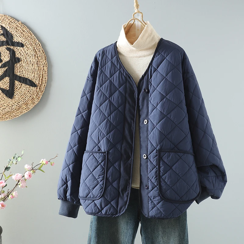 

Lightweight Loose Women's Cotton Jaet Diamond Pattern Korean Sle Casual Faionable Mid-Length V-Ne Long Sve Coat