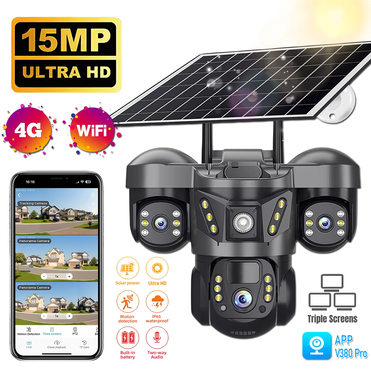 

15MP Solar 4G Camera Three Lens Three Screen PIR Motion Detection Cam Waterproof Night Vision Smart Security PTZ WIFI IP Cameras