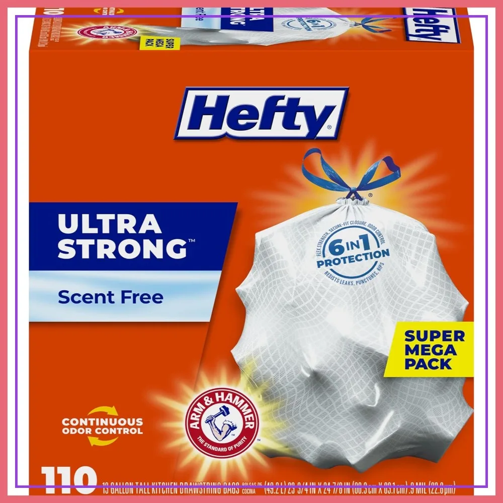 

13 Gallon Tall Kitchen Trash Bags, Drawstring Closure, Unscented, White, 110 Count