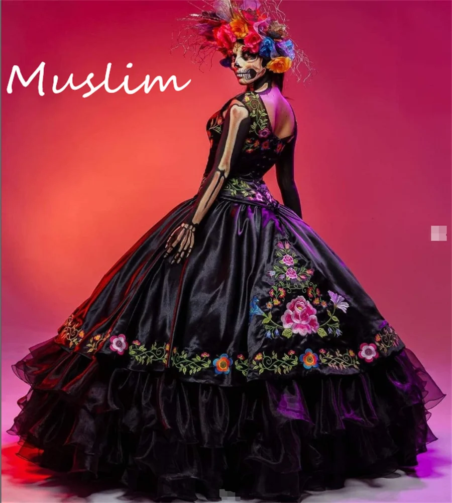 Halloween Charro Black Mexican Quinceanera Dress Costume Tiered Emboridery Prom Vestidos 15 Años Xv Birthday Party Customized