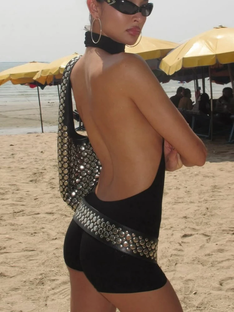 

Сексуальный комбинезон Kliou с открытой спиной для женщин: летний тренд, халтер, воротник-стойка, без рукавов, облегающий, персиковый, в стиле High Street Fashion