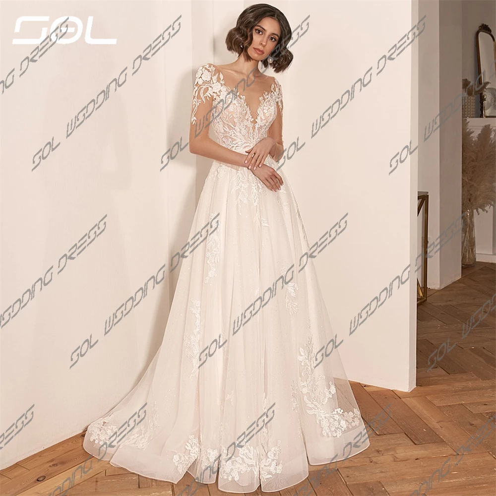 SOL Elegant V Neck Long Tulle Sleeves Lace Appliques Wedding Dresses Simple A-Line Floor-Length Bridal Gowns Vestidos De Novia