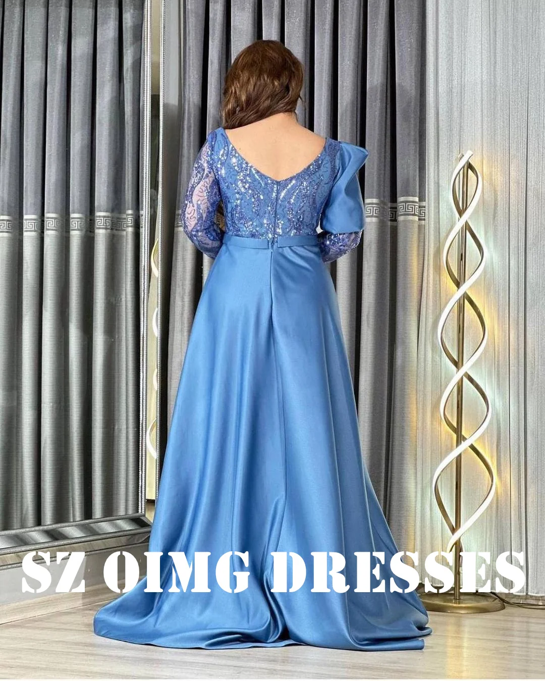 OIMG New Design V-Neck Sequined Mermaid Prom Dresses Saudi Arabic Women Customized Blue Gowns Formal Party Dress Customized